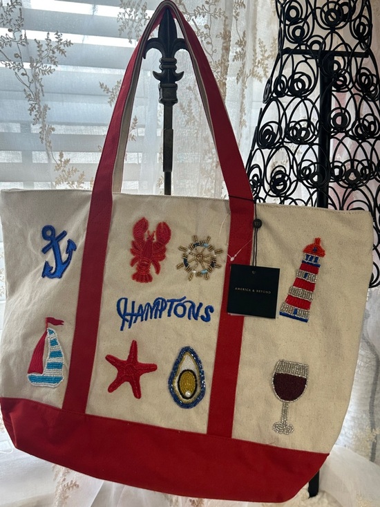 America & Beyond Handbags - America & Beyond Hamptons beaded canvas tote bag